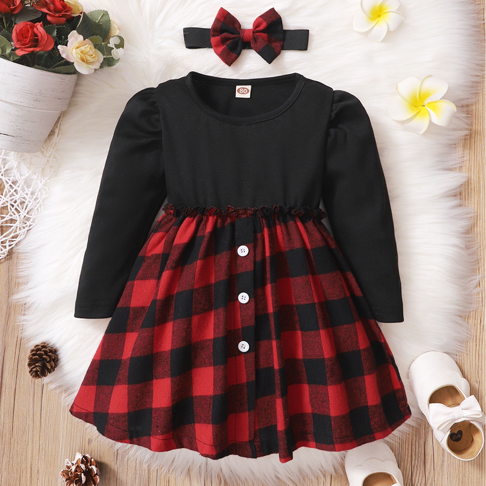 YOUSNH Baby Girls Cotton Autumn Plaid Long Sleeve Princess Dress Headbands Clothes Dresses for Girls Black 6 9 Months