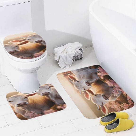 Farmhouse Highland Cow Funny Cattle And Flower 3 Pieces Bath Mats Set, Non-Slip Washable Cover Floor Rug Decorations for Kitchen Bathroom Bedroom