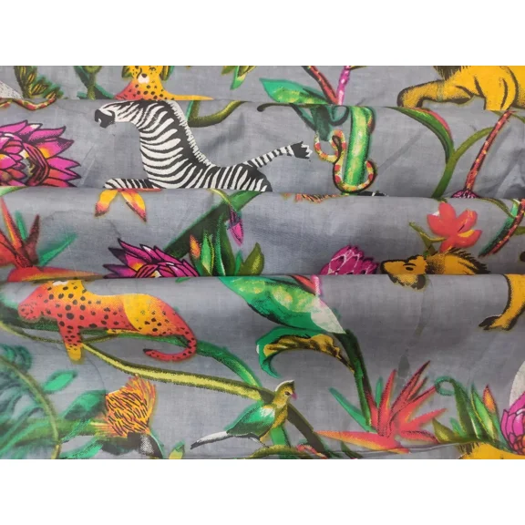 Boho Gray Cotton Fabric Indian Animal Print Dressmaking Material Craft Running