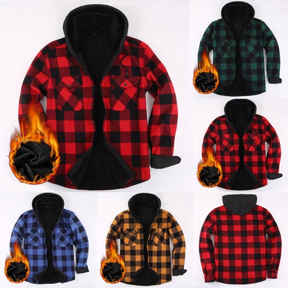Snorda Mens Fleece Jacket Button Down Drawstring Hooded Plaid Shacket with Chest Pockets Casual Loose Comfy Long Sleeve Shirt Jackets for Fall Winter Daily Layering Wear