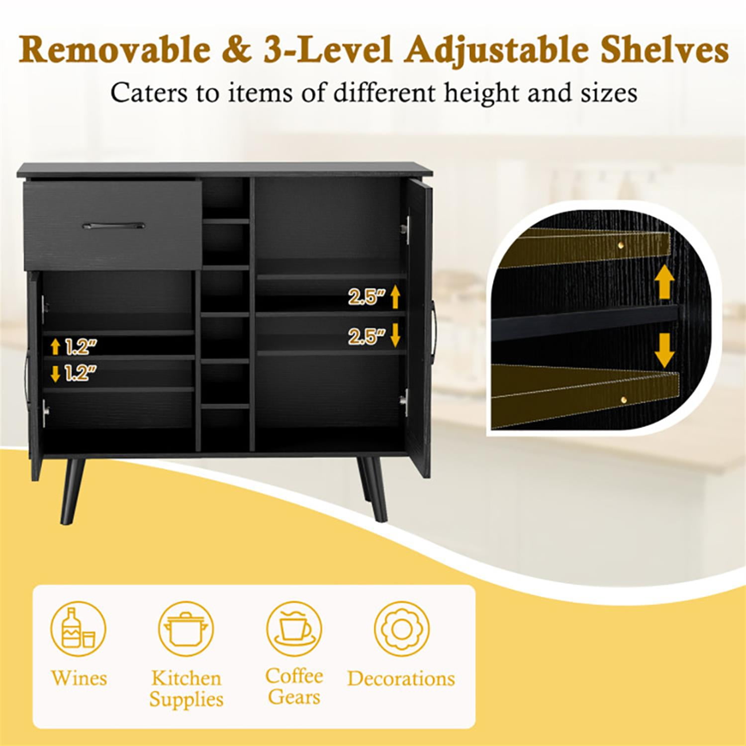 Demi Bonn 35" Sideboard Buffet Cabinet with 6-Bottle Wine Rack, Kitchen Storage Cabinet, Modern Wine Bar Buffet Cabinet for Dining Room, Black