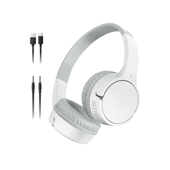Belkin SoundForm Mini Kids Wireless Headphones w/Built-in Microphone, 30H of Playback Time, Fun Stickers, & Case - Over-Ear Headsets for Online Learning, School, iPhone, iPad, Galaxy, & More - White