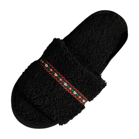 

WNVMWI Women Slippers Autumn and Winter Simple Black Flowers Home Leisure Non Slip Plush Slippers Red
