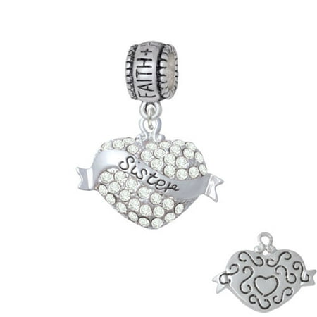 - Sister Banner on Clear Crystal Heart - Faith Hope Love Charm Bead