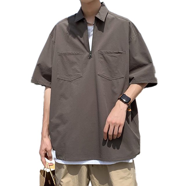 Camisetas de media manga de verano para hombre, camisetas Vintage informales a la moda con cremallera y cuello vuelto de media manga para hombre