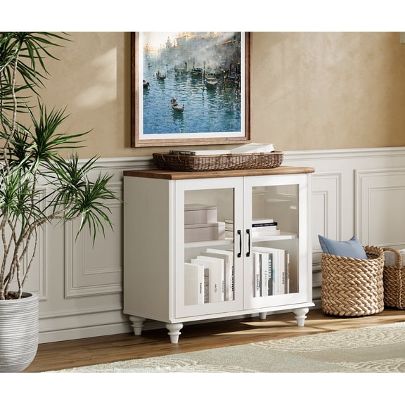 White Sideboard Buffet Cabinet with Glass Door, Wood Kitchen Storage Cabinet & Coffee Bar Table with Adjustable Shelf, Accent Storage for Dining Room Living Room