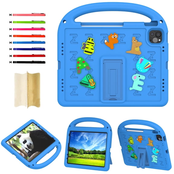 for iPad Pro 11" 2022 2021 2020 2018/Air 4th 2020/Air 5th 2022 Silicone Kids Friendly Shockproof Cute Case with Handle Grip, Heavy Duty Multiple Angles Kickstand Rugged Cover, Blue