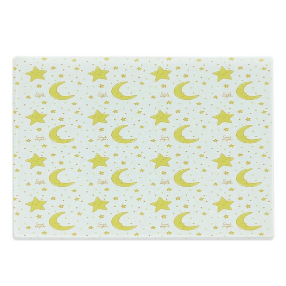 Yellow and White Cutting Board, Sleeping Crescent Moon and Stars Pattern Night Time Cartoon Illustration, Decorative Tempered Glass Cutting and Serving Board, Large Size, Yellow White, by Ambesonne