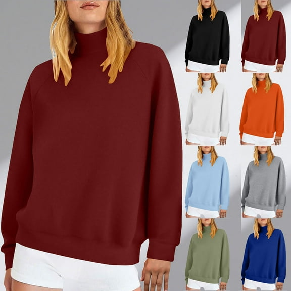 Under $10 Womens Tops Long Sleeve, Women's Casual Fashion Solid Color Loose Turtleneck Pocket Long Sleeve Blouse Sweatshirts, Women Fall Clothes