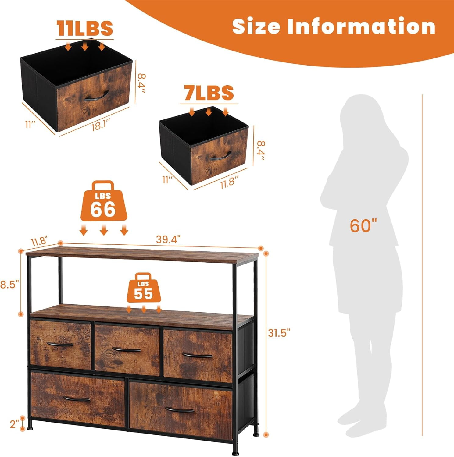 Bigleap TV Stand for Bedroom, TV Dresser for 45 inches, Media Console Table, Entertainment Center with 5 Fabric Drawers Cabinet and Open Storage Shelf Furniture Cabinet for Living Room, Brown