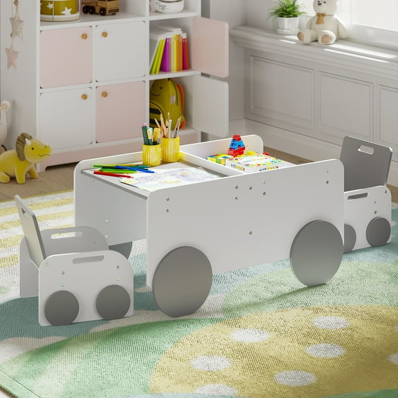 Yoneston Kids Table and Chair Set with Car-Shaped Design, Height-Adjustable Activity Table for Toddlers Art Craft Drawing Reading Learning, Gray White
