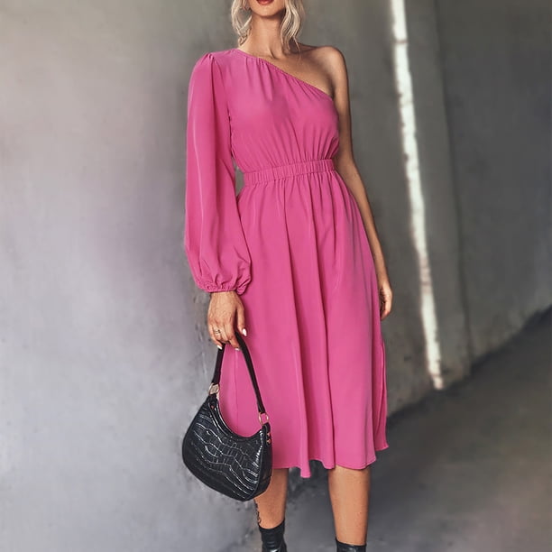 Dadaria Homecoming Dresses 2022 Plus Size with Sleeves Fashion Women Off Shoulder Solid Color Long Sleeve Elastic Waist Long Dress Hot Pink XS,Women