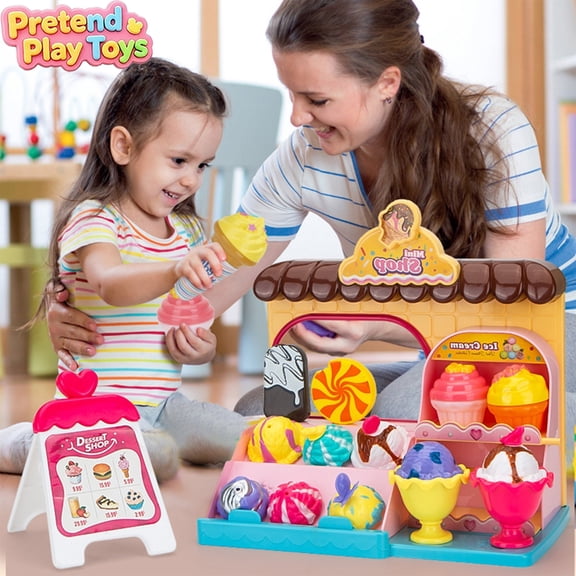 Ice Cream Dessert Shop Pretend Play Toy Set, Kids Toddler Fake Cupcake Donut Candy Store Playset, Preschool Educational Learning Toys, Imaginative Dessert Vendor Role Play Kit for Boys Girls Ages 3