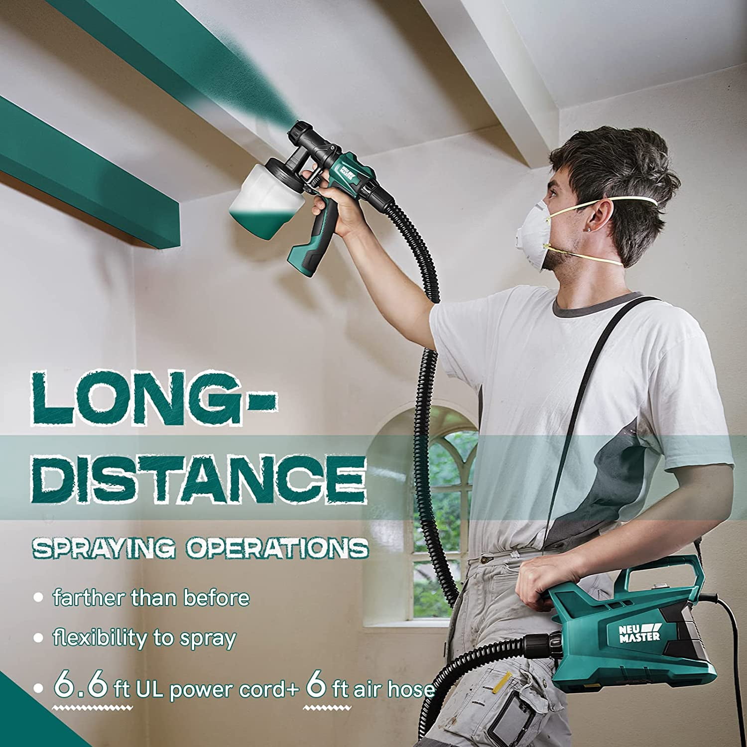 NEU MASTER 600W HVLP Electric Paint Sprayer, 3 Spray Patterns, Adjustable Flow Control & 6FT Hose, Lightweight Spray Gun for Walls, Furniture, Ceiling, Interior/Exterior Projects