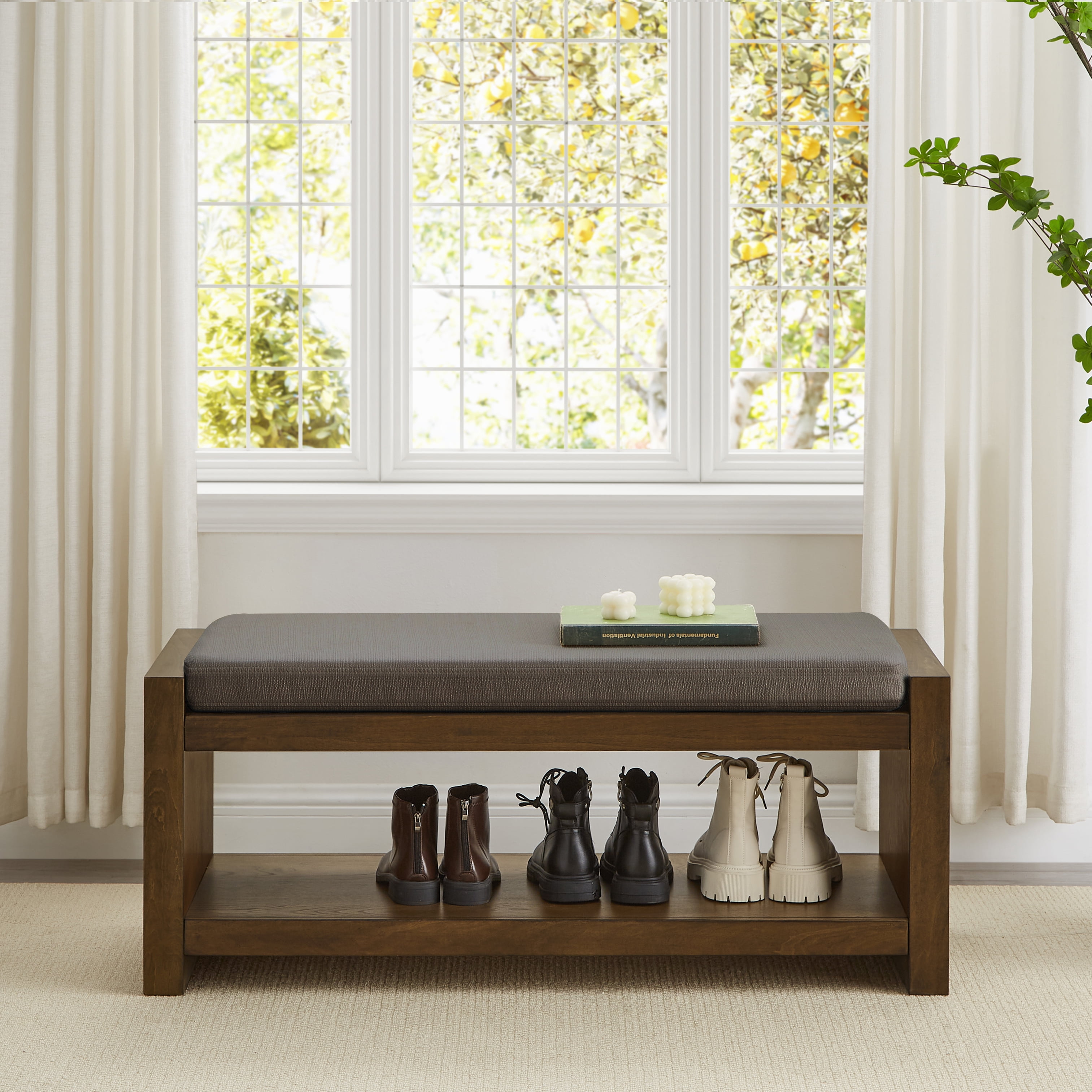 Accent Bench with Lower Shoe Shelf and Removable Cushion, 40-Inch Padded Entryway Bench for Living Room and Bedroom, Granite