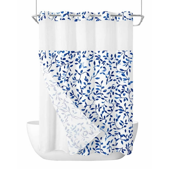 No Hook Shower Curtains with Snap in Liner, Blue Botanical Waterproof Fabric Shower Curtain, Spring Summer Leaf Watercolor Double Layers & See-Through Top Window Bathroom Curtains 72''x84''
