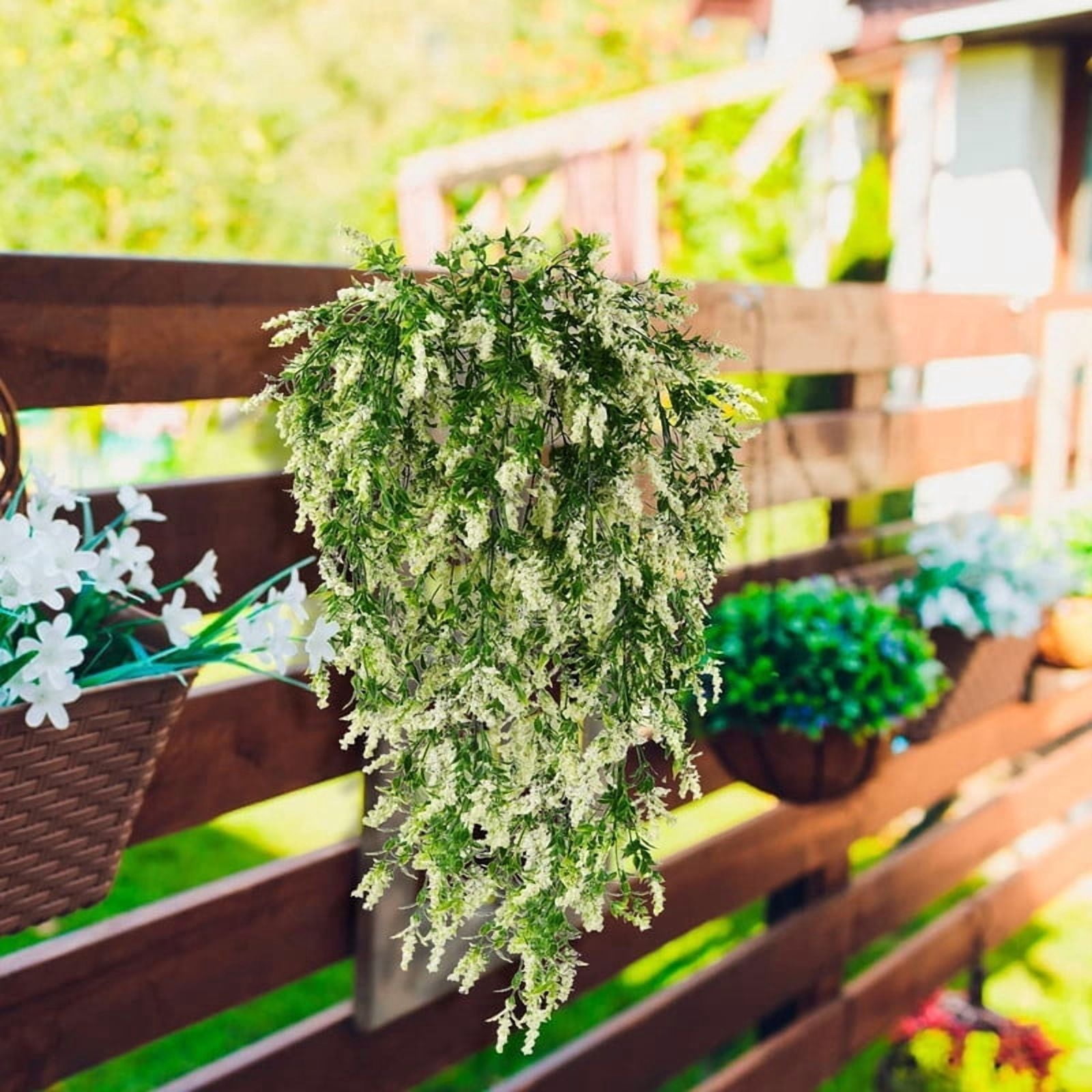 4 Pack Fake Avender Artificial Hanging Plants for Outdoor, Faux UV Resistant Plants Indoor Office Outside Decorations (White)