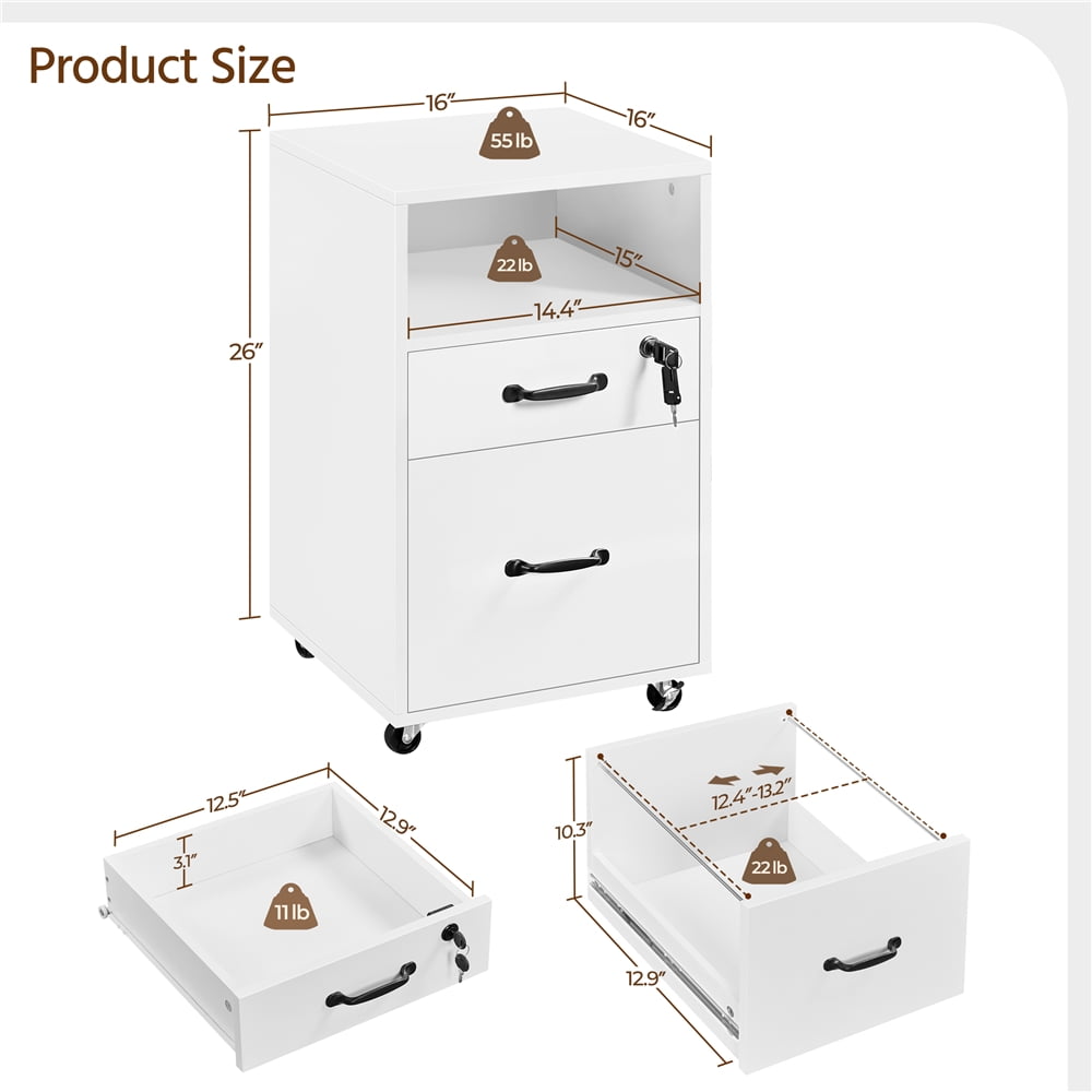 Yaheetech 2-Drawer Wooden Vintage File Cabinet with Wheels for Home and Office, White