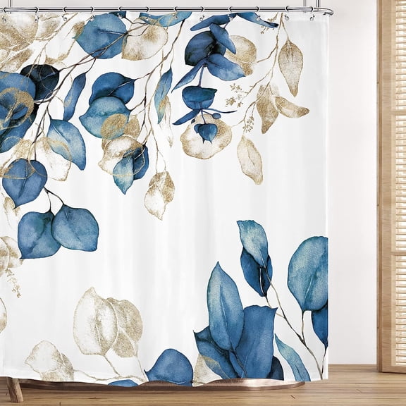 Blue Eucalyptus Leaves Shower Curtain 72Wx72H Inch Gold Plant Floral Nature Botanical Leaf Spring Neutral with 12 Plastic Hooks Fabric Waterproof Toilet Accessories Decor