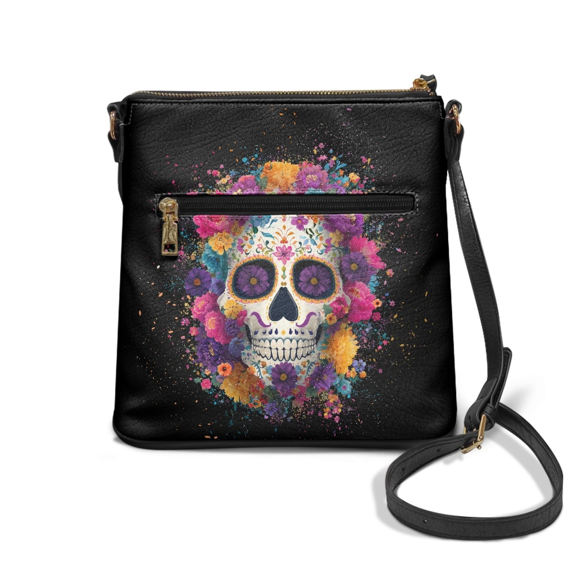 Kuiaobaty Skull Daisy Print Crossbody Bag for Women, Multi Pockets Vegan Leather Shoulder Handbag with Adjustable Strap, Medium Size Messenger Purse Crossbody for Travel & Party