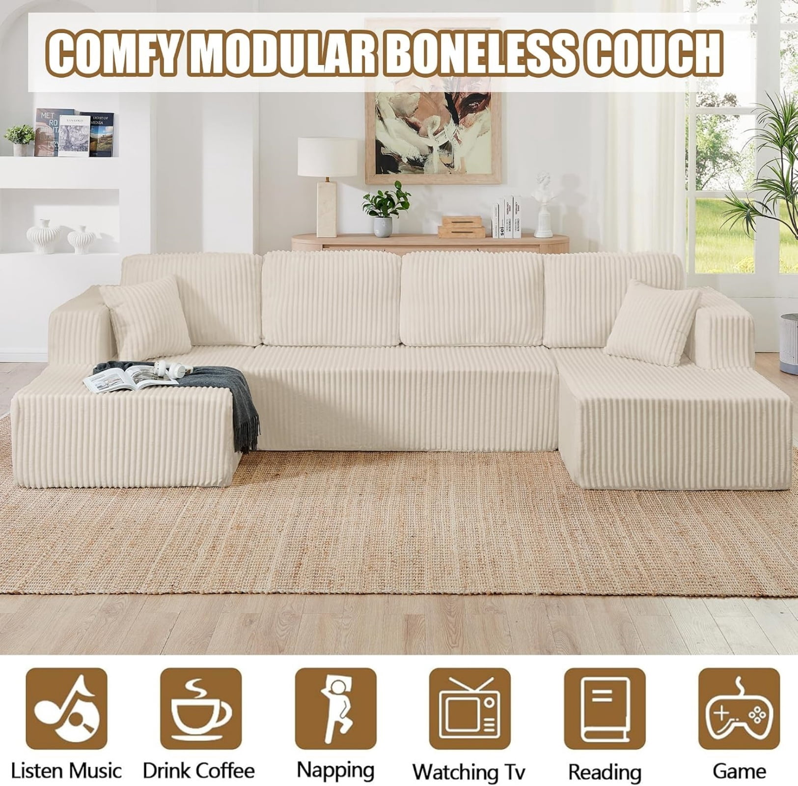 U Shape Modular Sectional Sofa with Chaise, Modern Minimalist Corduroy Couch with Sleeper Design, Comfy Space-Efficient Modular Sofa Set for Living Room, Apartment