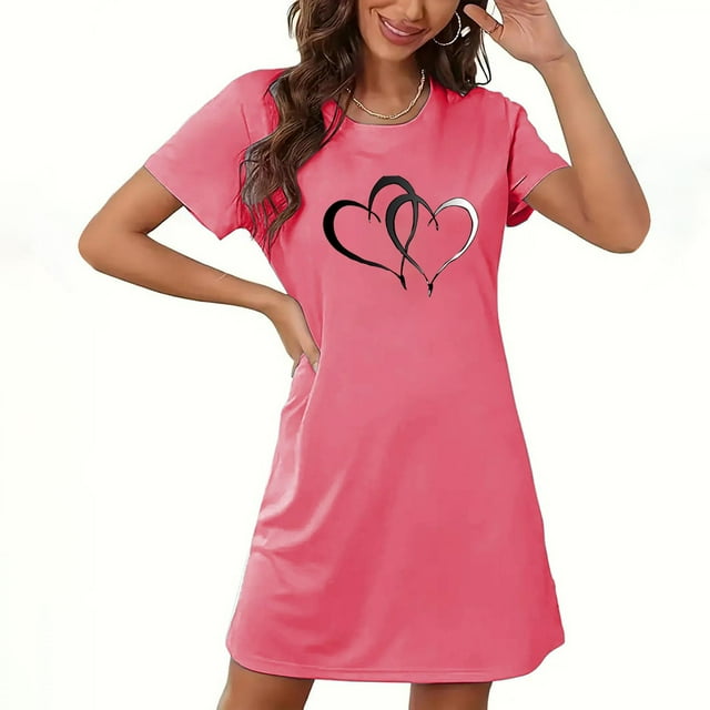Camisón corto de San Valentín para mujer, talla grande, estampado en el pecho, cuello redondo, manga corta
