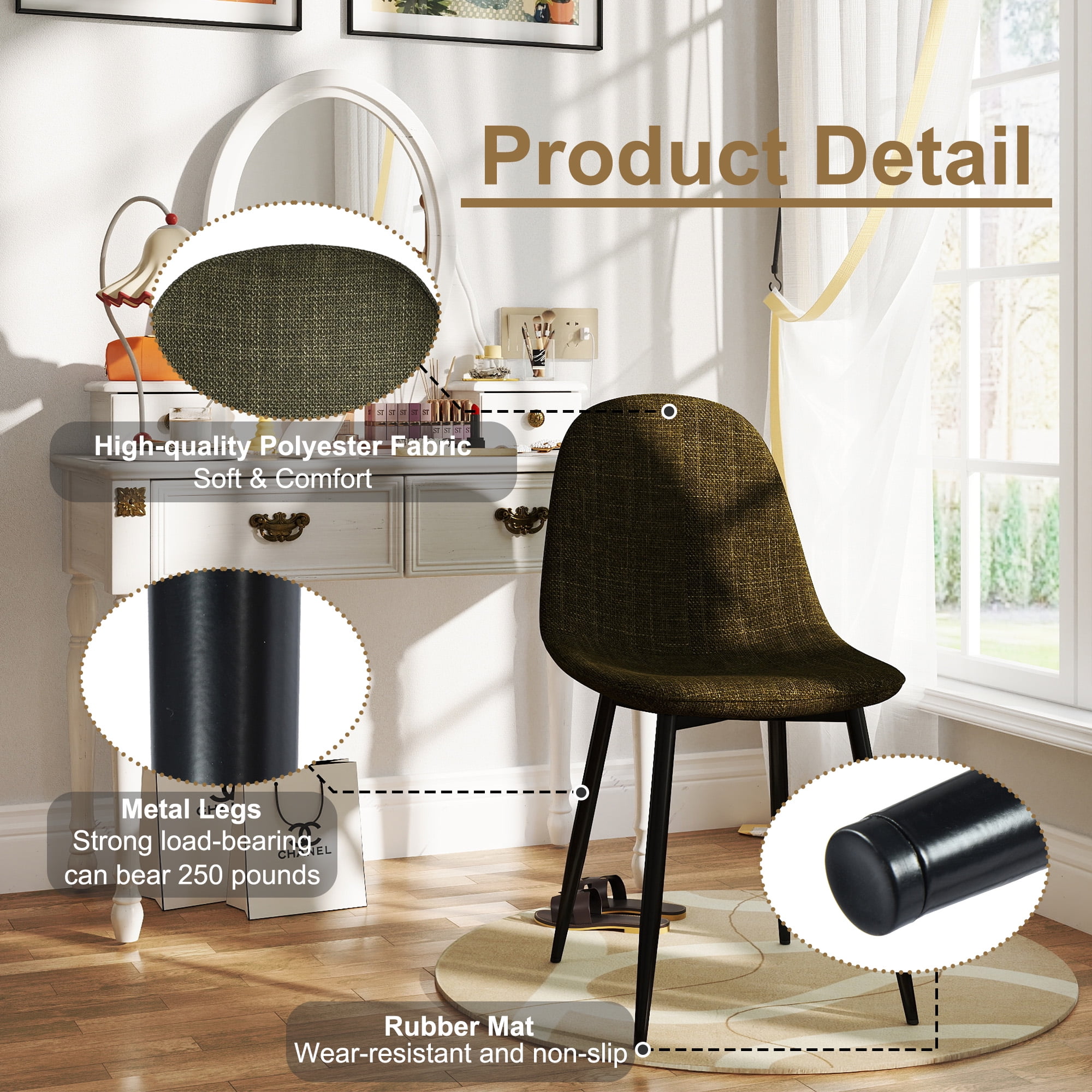 Homy Casa Lot de 4 chaises d'appoint rembourrées sans accoudoirs pour salon, chambre à coucher, réception, tissu vert