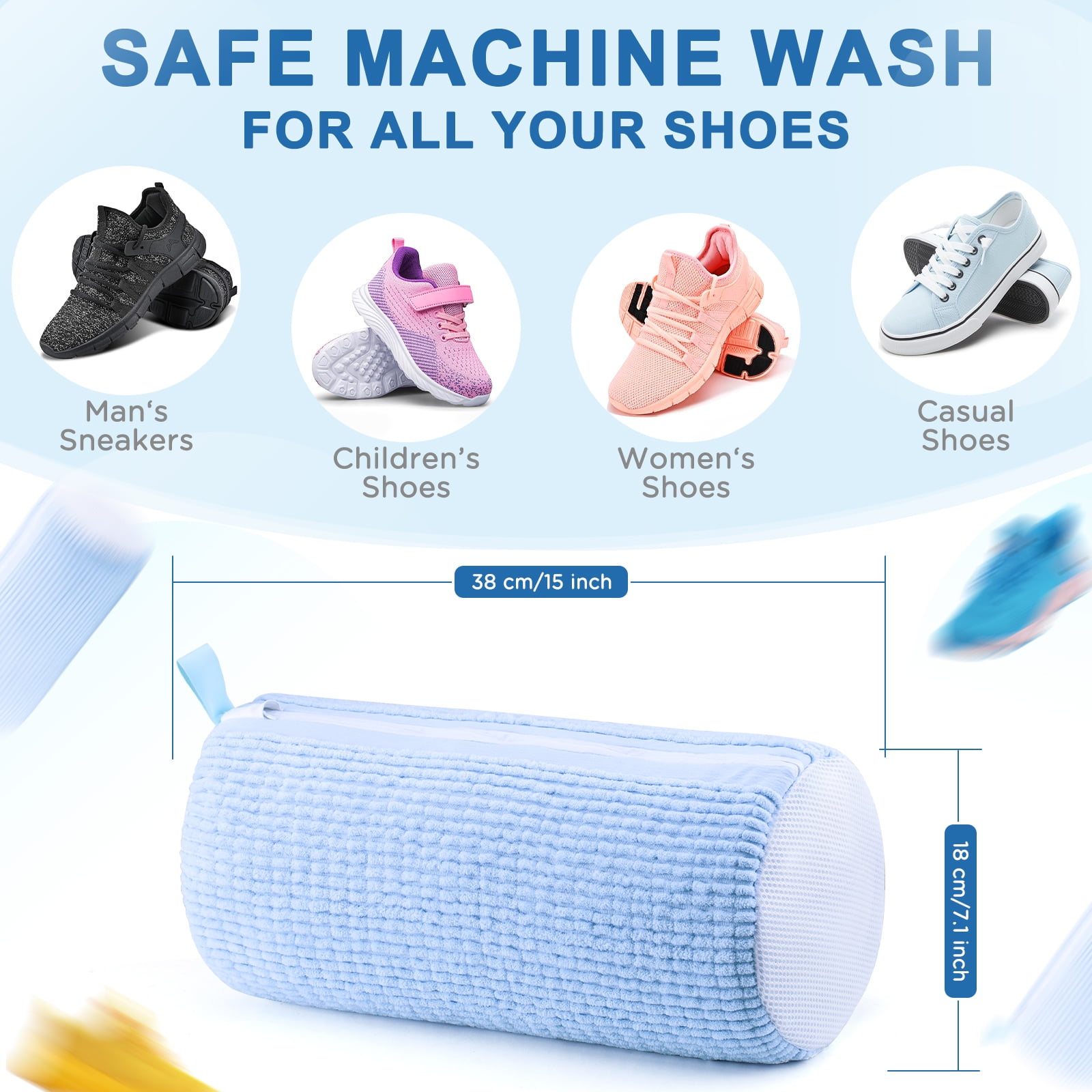 Avoalre Shoe Washing Bag for Washing Machine, Shoe Laundry Bags with Invisible Side Zipper, 360°All Around Cleaning, Upgraded Size for All Shoe Types & Sizes Blue