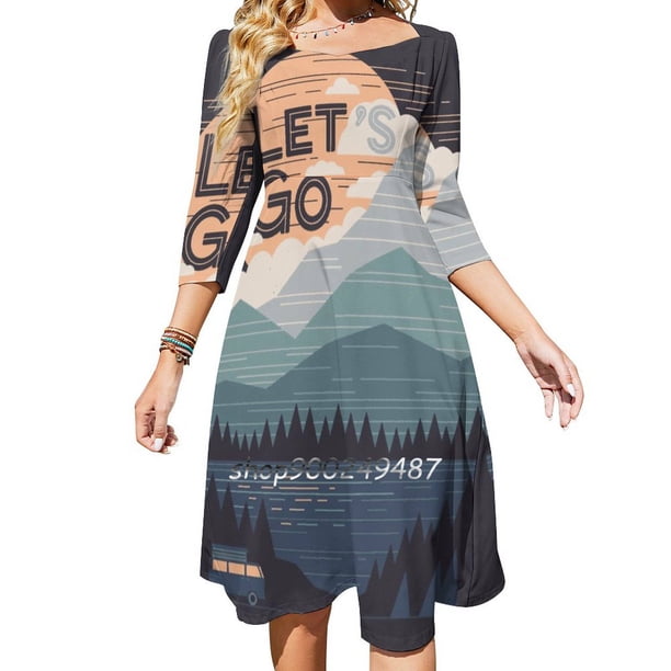 Vestido de cuello cuadrado Let's Go Vestidos estampados holgados y bonitos Vestido elegante para fiesta en la playa The Paper Crane Rick Crane Thepapercrane Vintage