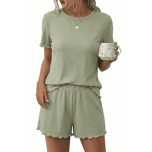 SOMER Women's Pajama Set 2 Piece Lounge Set Ribbed Knit Pjs Short Sleeve Sleepwear Casual Soft Lounge 2026 Summer Green