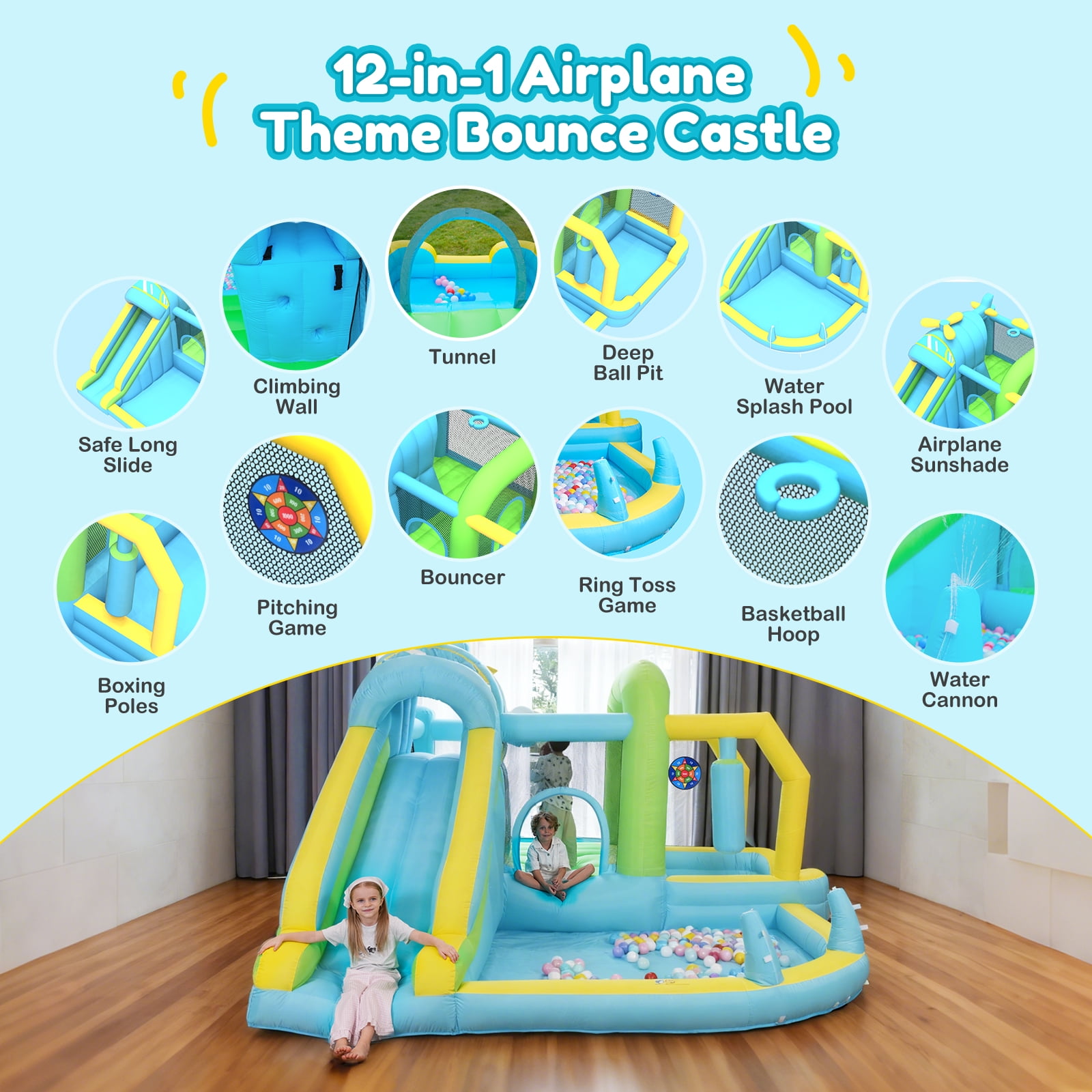 Inflatable Bounce House Water Slide,12 in 1 Play Areas for Kids with Airplane Bouncy,Climbing Wall,Deep Pool,Water Cannon,Ball Dart for Outdoor Indoor