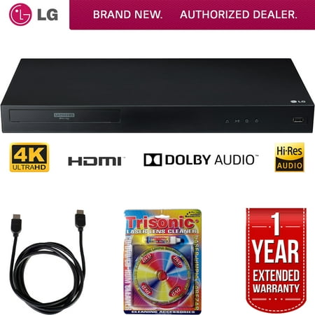 LG UBK80 4k Ultra-HD Blu-Ray Player w/ HDR Compatibility + 6ft High Speed HDMI Cable (Black) + Laser Lens Cleaner for DVD/CD Players + 1 Year Extended