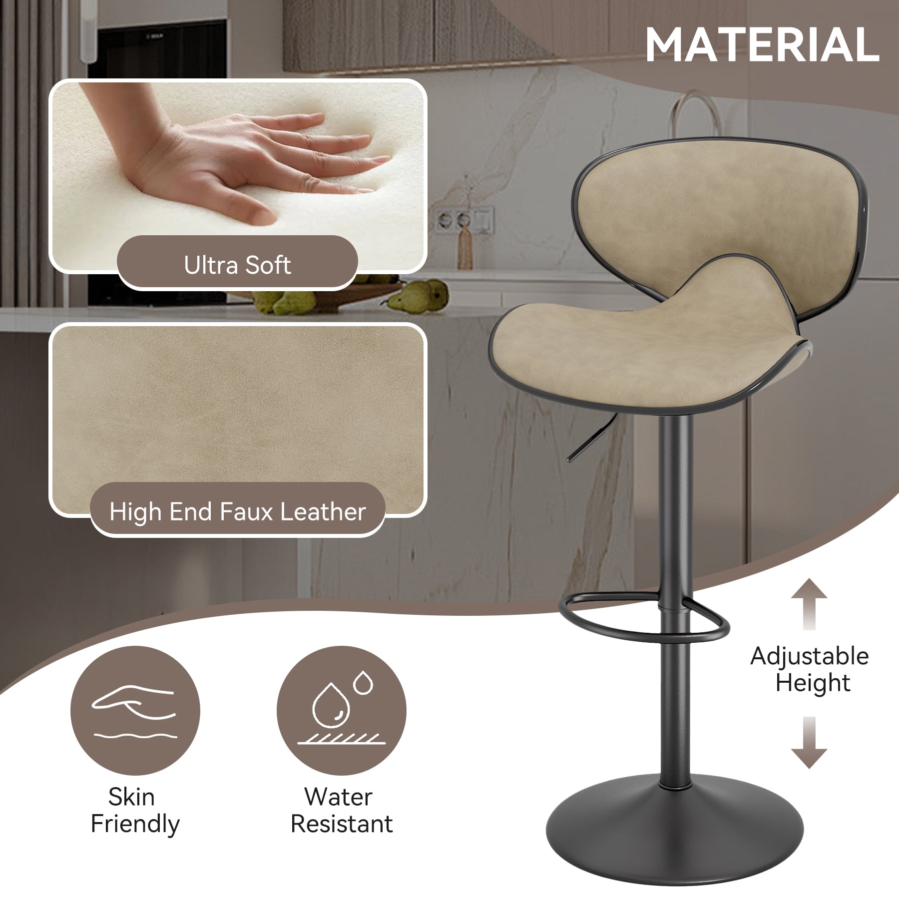 Hawsaiy Adjustable Swivel Bar Stools Set of 2 with Back and Footrest, Faux Leather Counter Height Kitchen Stools, Modern Bar Chairs for Island and Home Bar, Khaki
