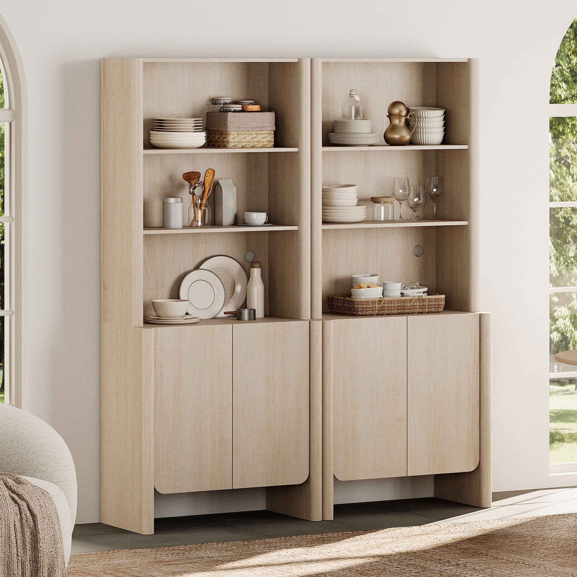 63-Inch Modern French Bookcase with Curved Edges, Doors and Open Shelves, 72.8" Tall, Beige