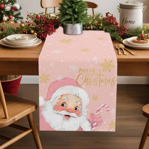 Merry Christmas Cotton Linen Table Runner Pink Santa Claus Poinsettia Winter Snowflake Dining Table Runners for Home Decor Party Dining Room Restaurant Kitchen Party 13" x 108"