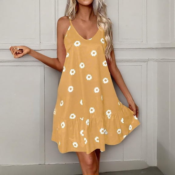Plus Size Summer Dresses for Curvy Women Women's Casual Sleeveless Loose Print Short Dress Yellow XL
