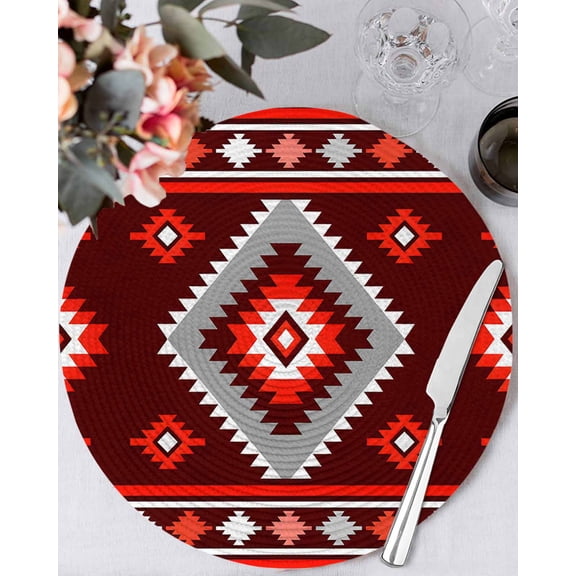 15 Inch Round Placemats Set of 6, Red Boho Non Slip Heat Insulation PP Table Mats, Neutral Tribal Ethnic Abstract Geometric Motifs Washable Place Mats for Kitchen Dining Party Table Decor