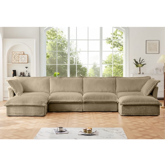 Slipcovered U Shape Sectional Wide and Deep Seat Sofa Couch, 4 Seater Sofa with French Edges Design Multiple Big Pillows, Soft Deep Seat Comfy Cloud Couch for Living Room, Apartment, Camel Corduroy