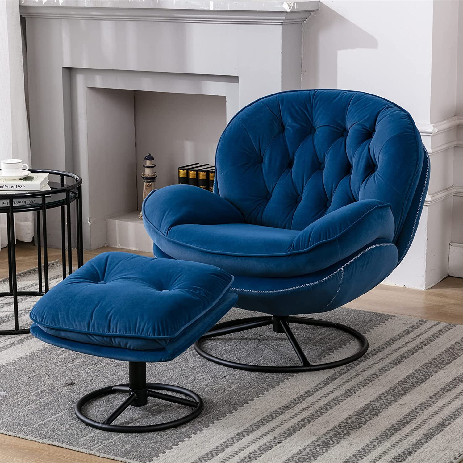 Mid Century Blue Velvet Swivel Accent Chair with Ottoman