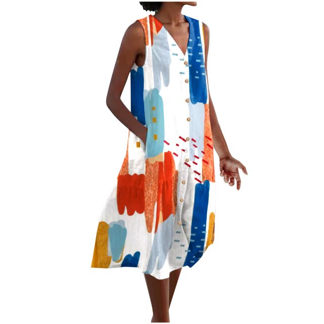 Vestido de Impresión Fallow de las Mujeres, sin Mangas Botón de Cuello en V Vestido Casual Delantero para la Primavera Y el Verano, Falda de Moda Elástica, Mezcla de Poliéster