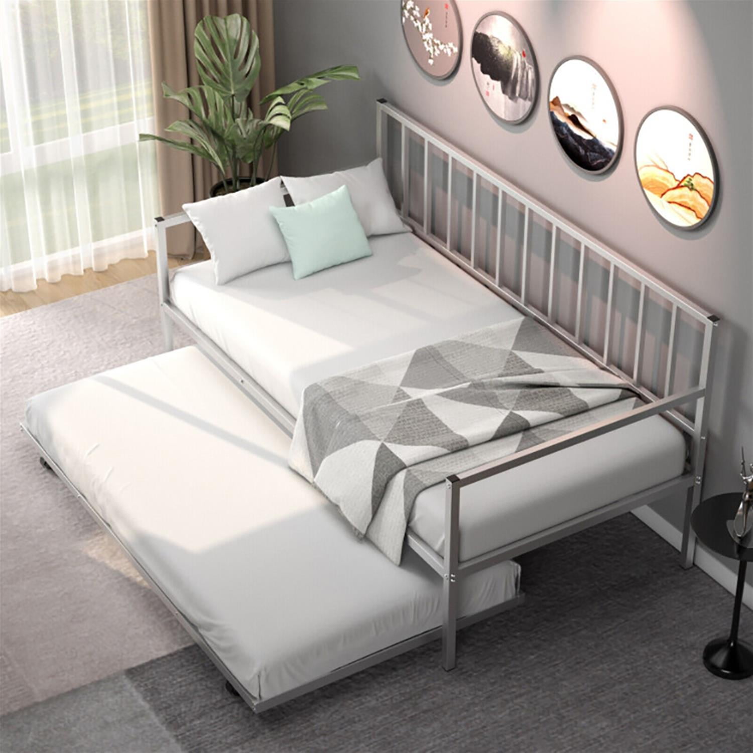 Demi Bonn Twin Size Daybed and Trundle Frame Set Trundle Bedframe, Modern Bed Frame for Teens, Silver