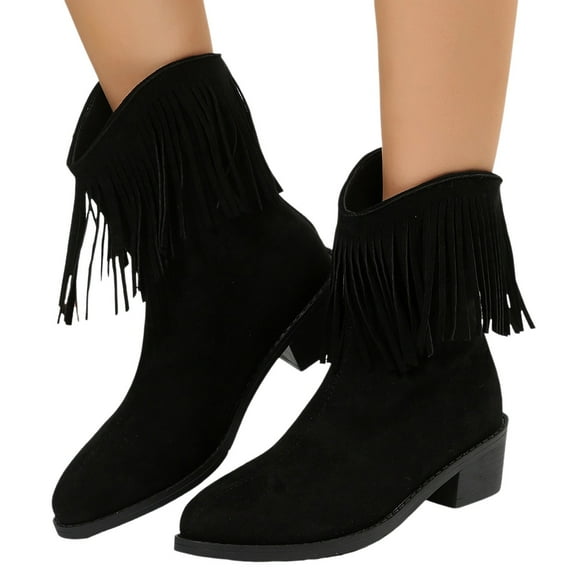 Mepaouo Women's Fringe Cowboy Boots Mid Wide Calf Cowgirl Low Heel Suede Western Ankle Booties(Black,6.5)