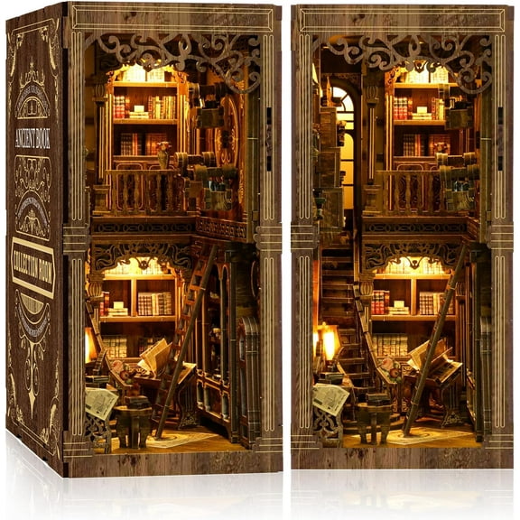 YANGLI Book Nook Kit Classic Edition – DIY Miniature Wooden Puzzle Bookend with LED Lights