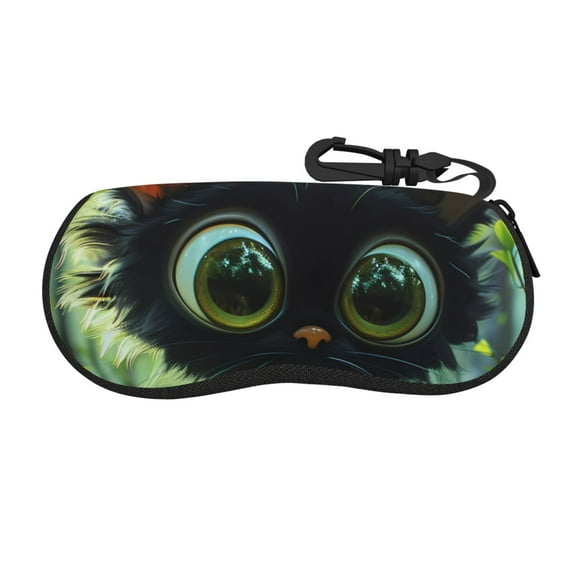 KLL Cute Big-Eyed Black Cat Print Eyeglass Case for Men & Women's Classy Travel Eyewear Holder Case Zipper Eyeglasses Case With Hook