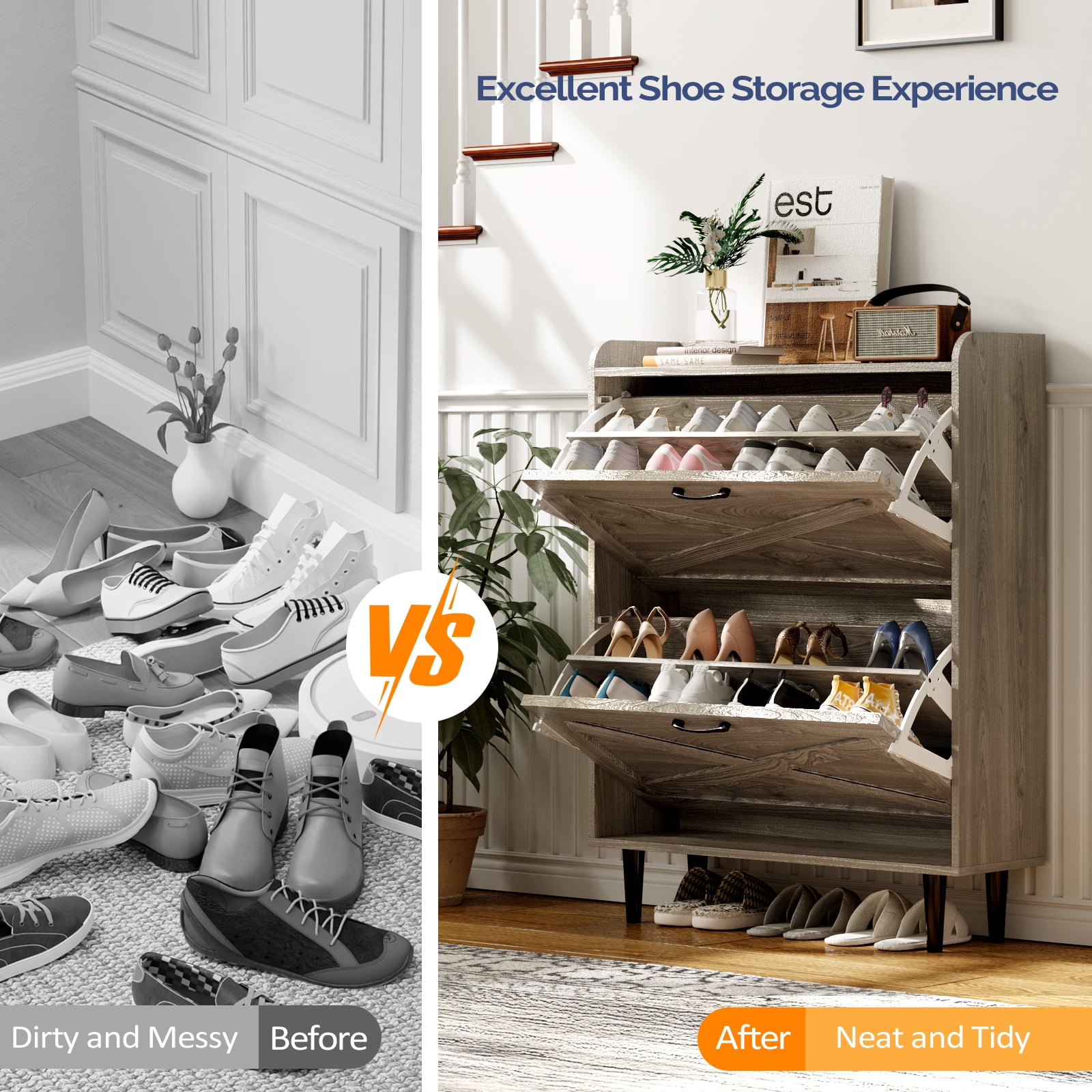 2-Drawer Barn Door Shoe Cabinet with Side Panel Countertop Melamine Board Embossed MDF Shoe Cabinet, 31.61*9.45*39.37in, Grey Oak