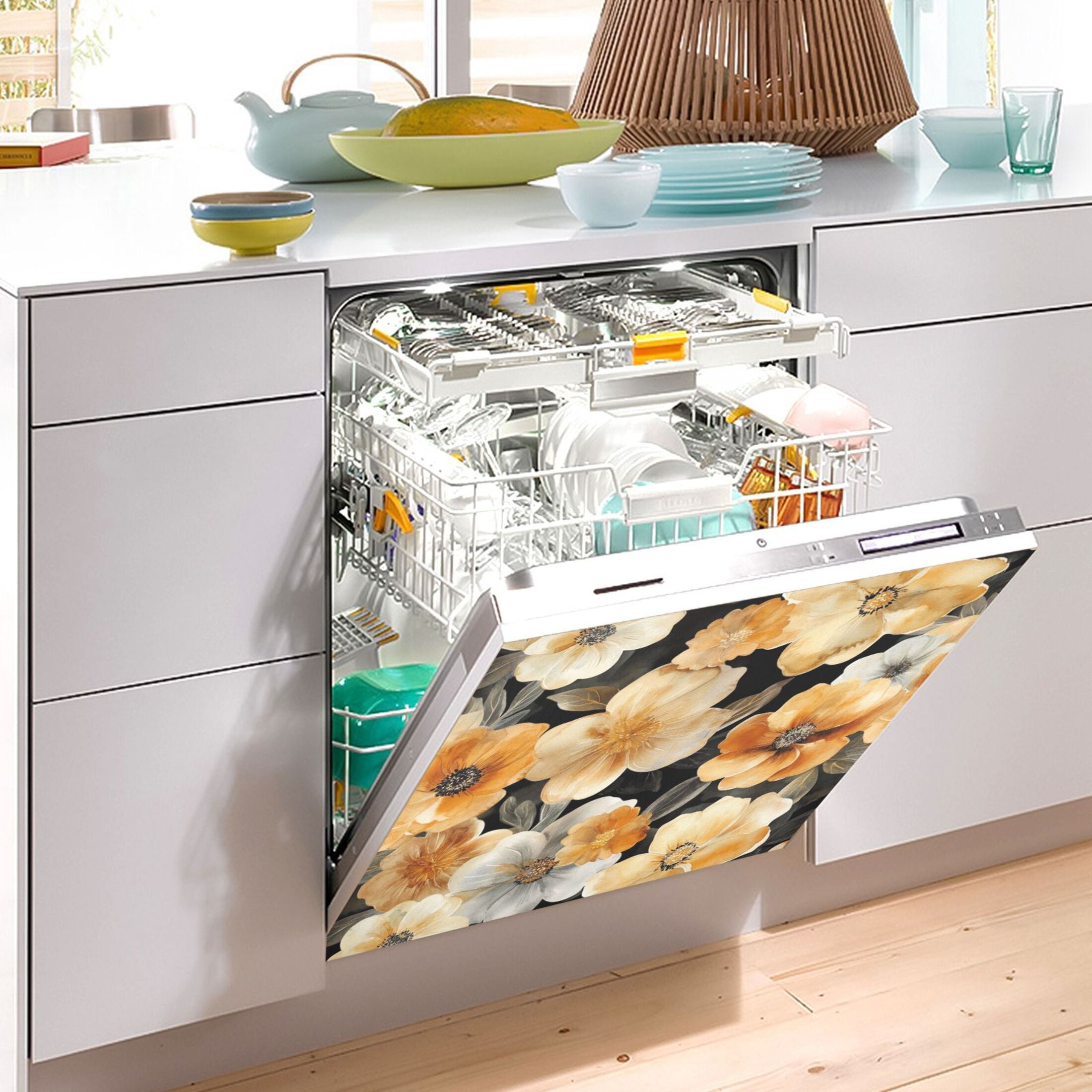 Dishwasher Magnetic Sticker 23x26 Inch Refrigerator Magnetic Sticker Washing Machine Magnetic Sticker Kitchen Panel Magnetic Sticker Home Decor Cartoon Gold Flowers Seamless