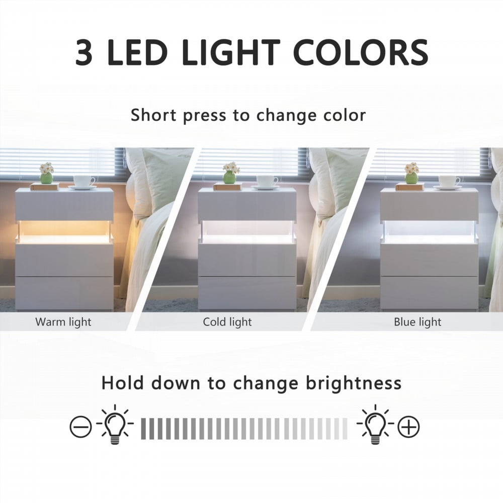 White LED Nightstands 3 Drawer Dresser Featuring Acrylic Board & LED Lighting (Bedroom & Living Room)