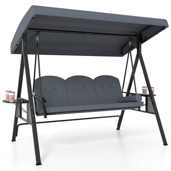 Costway Chaise Balançoire de Patio 3 Places avec Auvent Réglable Coussins Épaissis Oreiller Gris