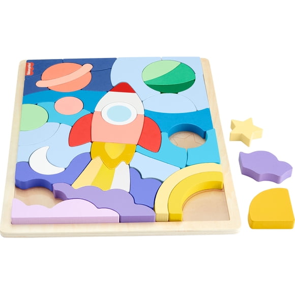Fisher-Price Wooden Space Blocks Puzzle for Preschool Kids, 42 Wood Pieces