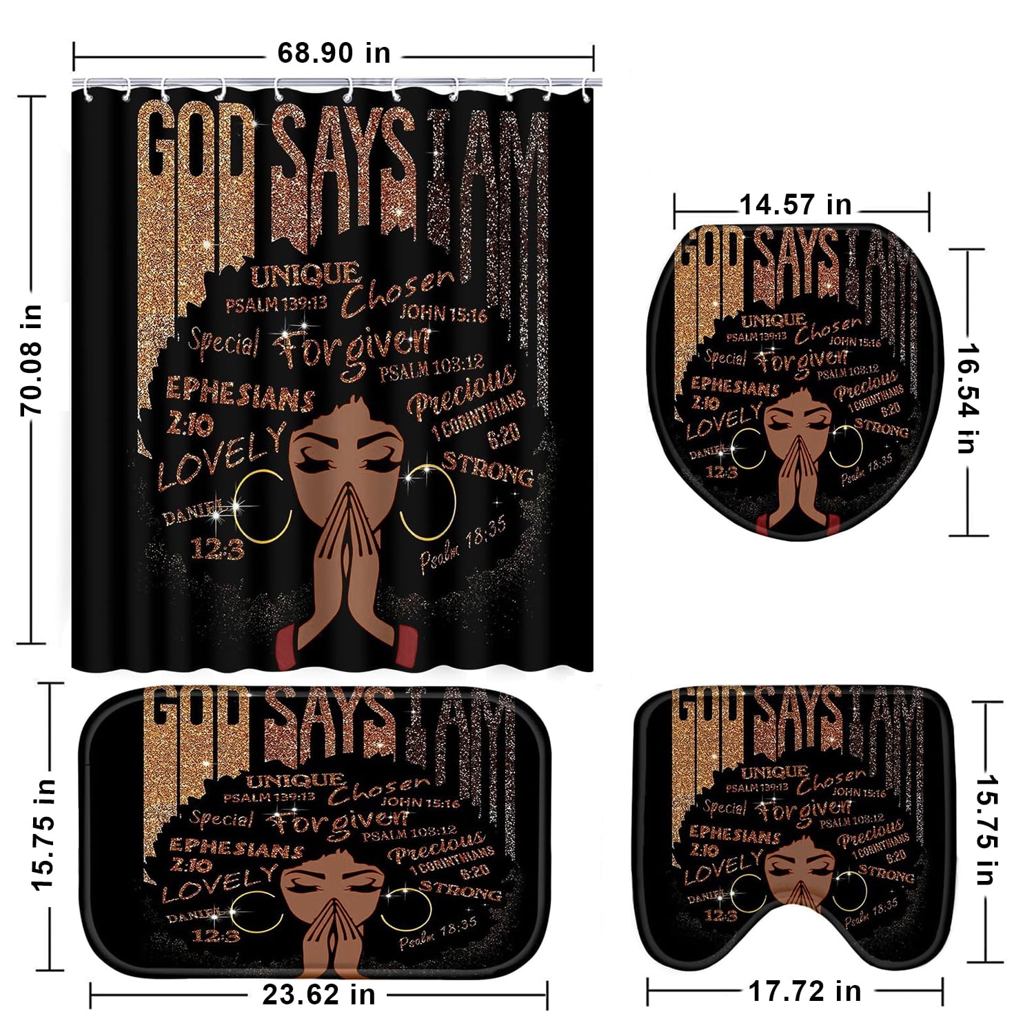 FRAMICS Black Girl with Glitter Quotes Pattern Polyester Shower Curtain and Rug Sets, 16 Pc Bathroom Sets with Non-Slip Mats, Waterproof Shower Curtain with 12 Hooks and Toilet Rugs